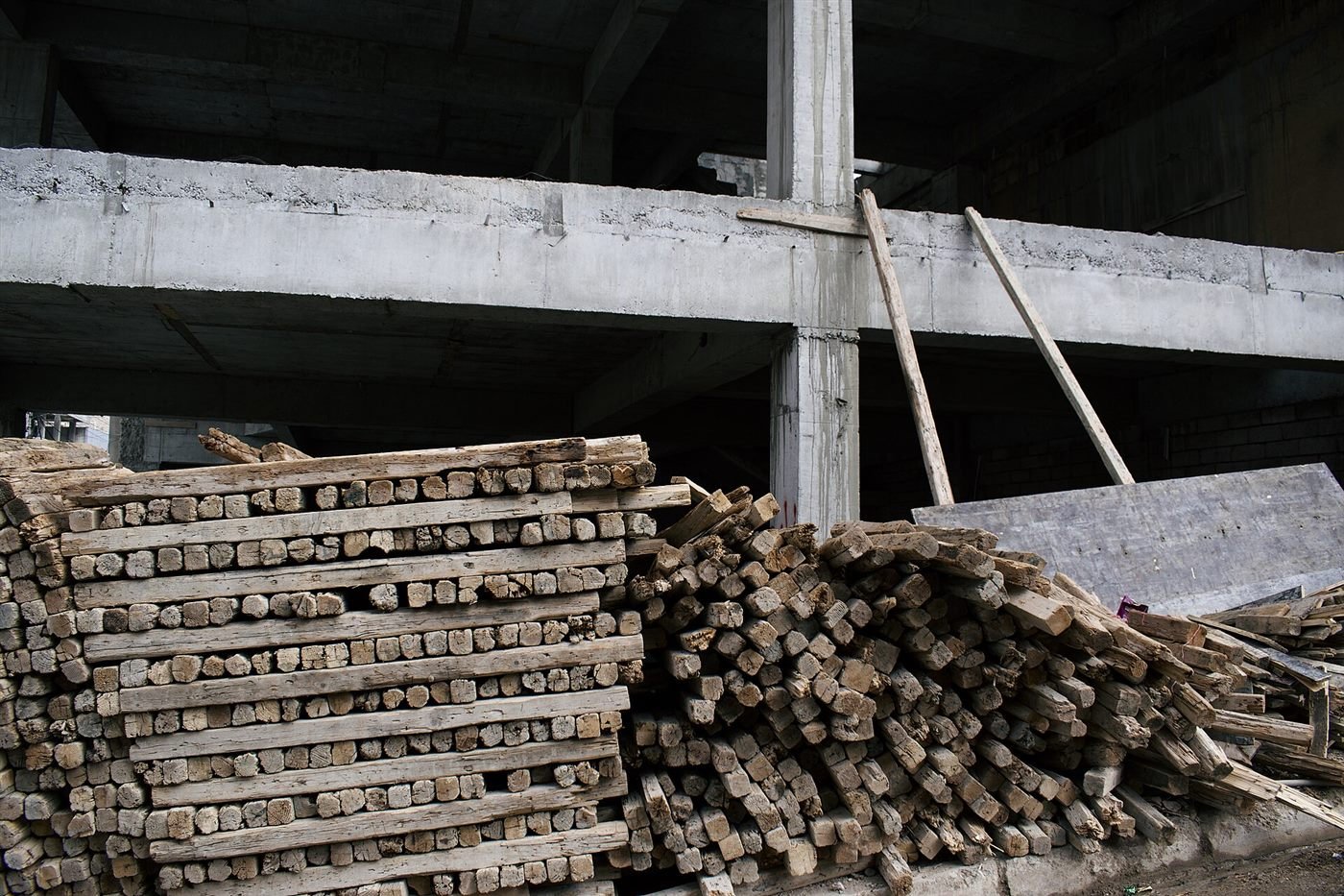 Stacked construction materials and timber